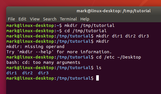 Linux Terminal with various commands entered, including a command to make a directory, change directory, and list the contents of a directory
