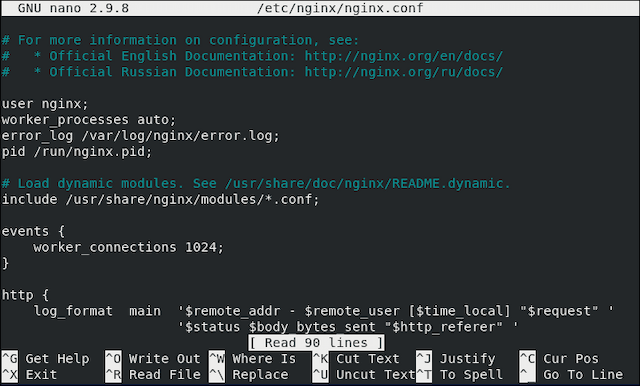 The configuration of an nginx file, which is being edited through a command-line file editor called nano